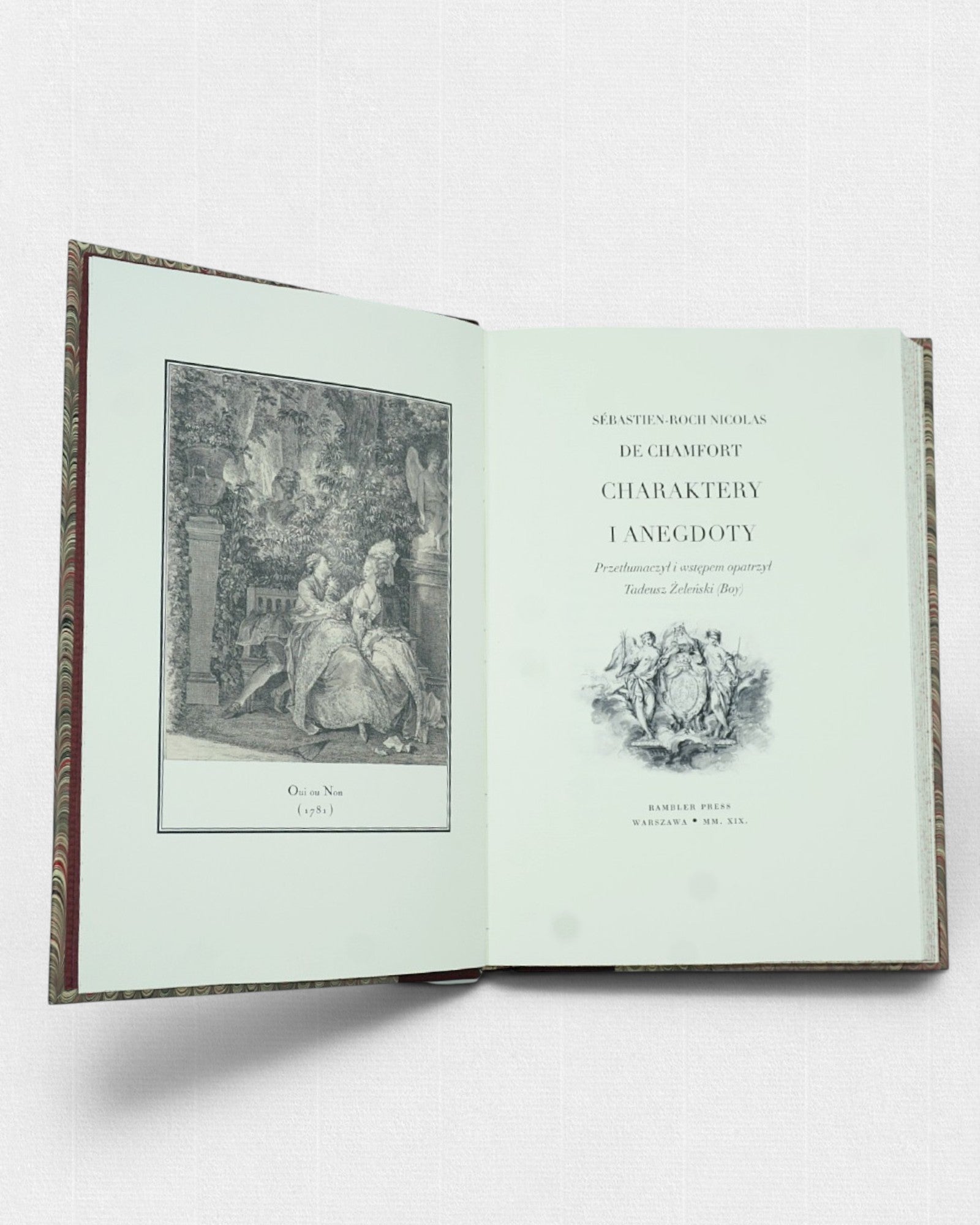 Charaktery i anegdoty Chamforta – otwarta książka z kartą tytułową i klasyczną ilustracją rytowniczą autorstwa Moreau le Jeune, eleganckie wydanie Rambler Press