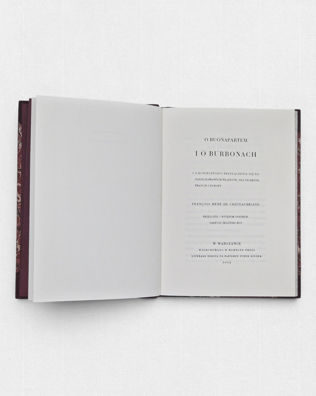 Strona tytułowa książki Chateaubrianda „O Buonapartem i o Burbonach” – druk typograficzny krojem Didot na papierze bawełnianym