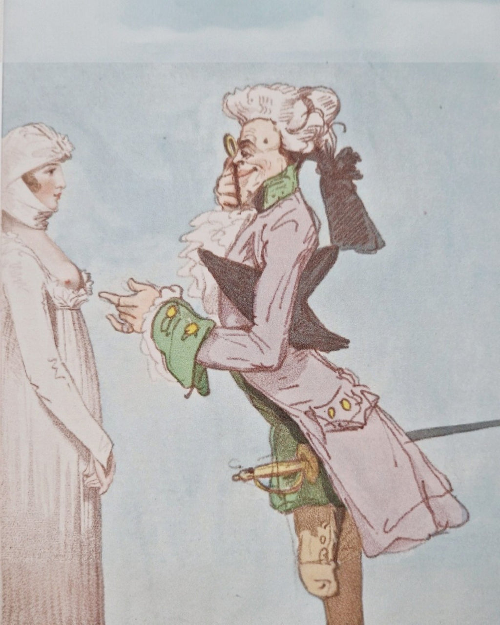 Ilustracja z książki „Jak Nanna córeczkę swą Pippę na kurtyzanę kształciła” – scena rozmowy elegancko ubranego mężczyzny z młodą kobietą, rysunek w stylu XVIII-wiecznym autorstwa Piercy’ego Robertsa