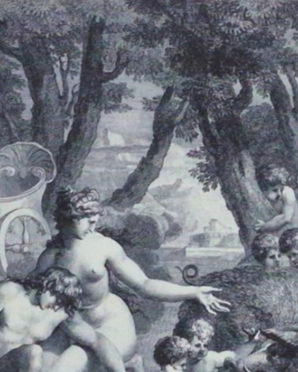 Klasycystyczna ilustracja inspirowana XVIII-wiecznymi rycinami – scena mitologiczna z postaciami w pejzażu, wykorzystana w wydaniu „Z Safony”.