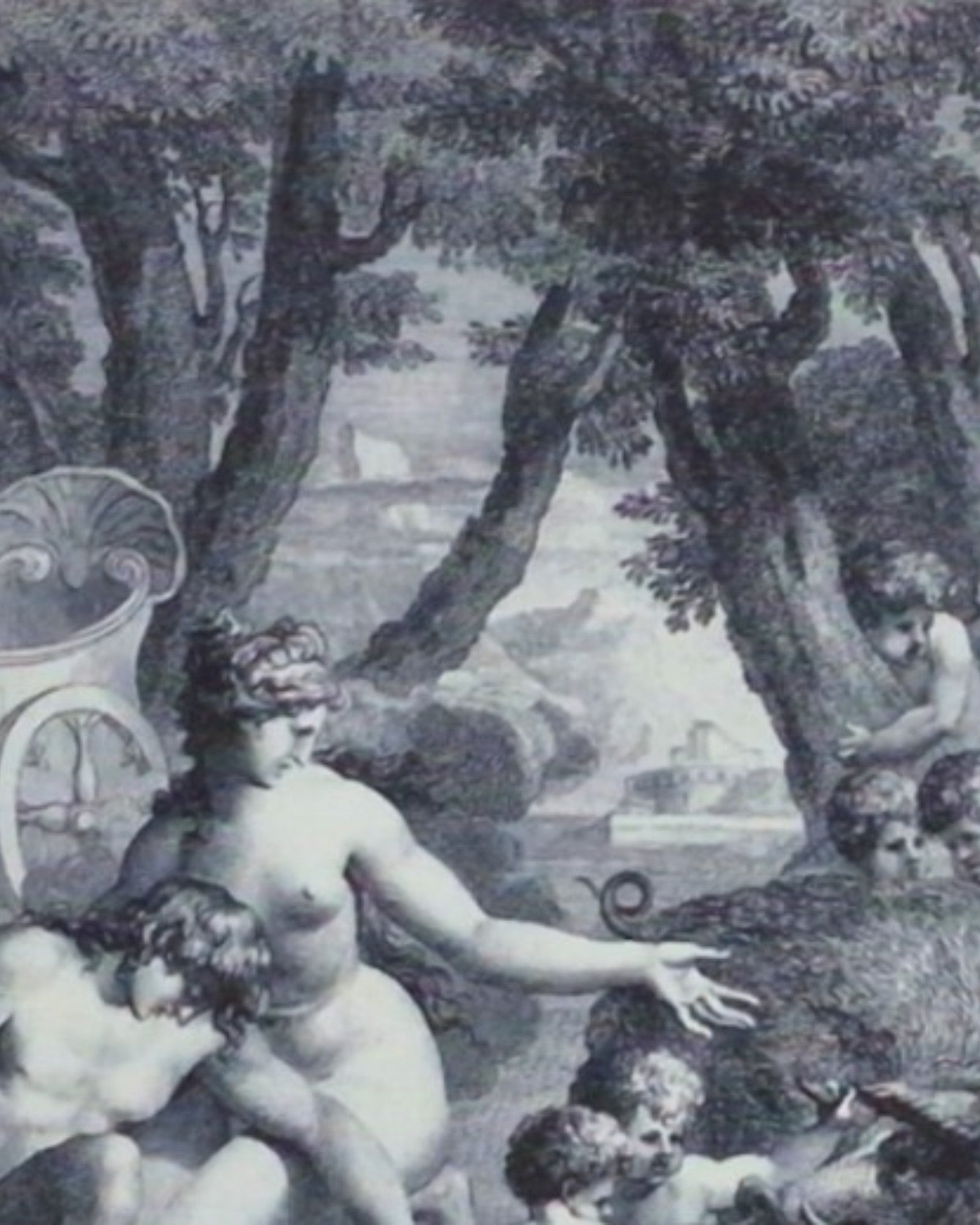 Klasycystyczna ilustracja inspirowana XVIII-wiecznymi rycinami – scena mitologiczna z postaciami w pejzażu, wykorzystana w wydaniu „Z Safony”.